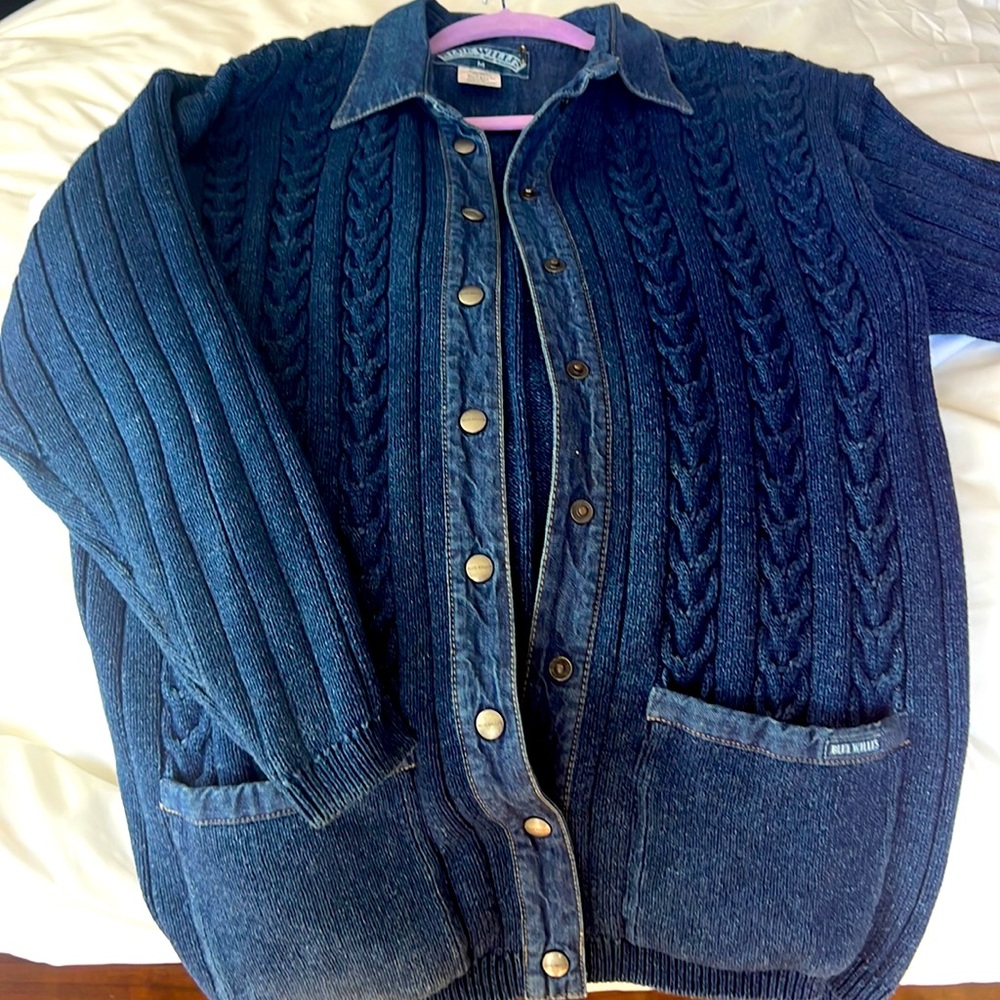 Denim looking cable sweater with pockets